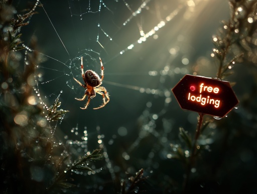 Macro photography of a spider in its web. A neon sign next to the web reads “Free lodging”. 