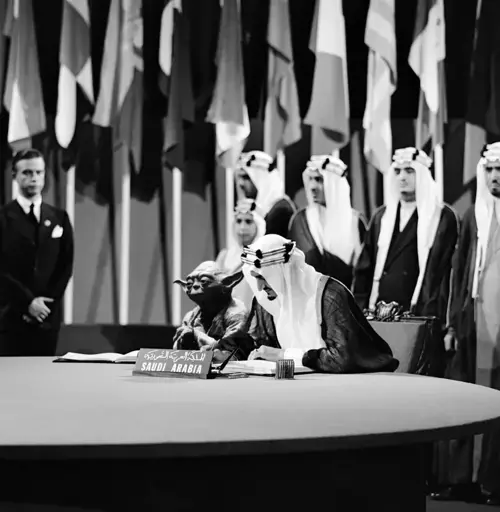 TIL Saudi Arabia once accidentally printed textbooks containing this image of Yoda sitting next to King Faisal while he signed the 1945 UN charter