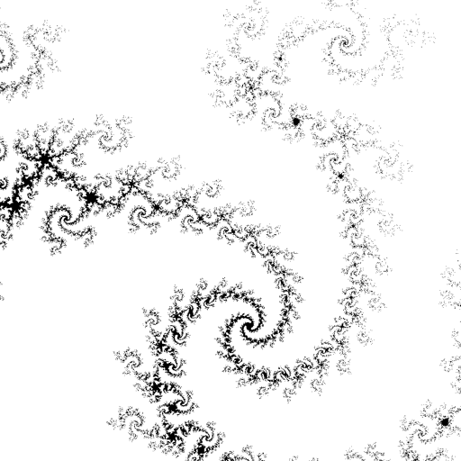 A black-and-white visualization of the julia set. These are fractals. It has multiple arms, swirls like a spiral galaxy. All the arms connect in the middle.